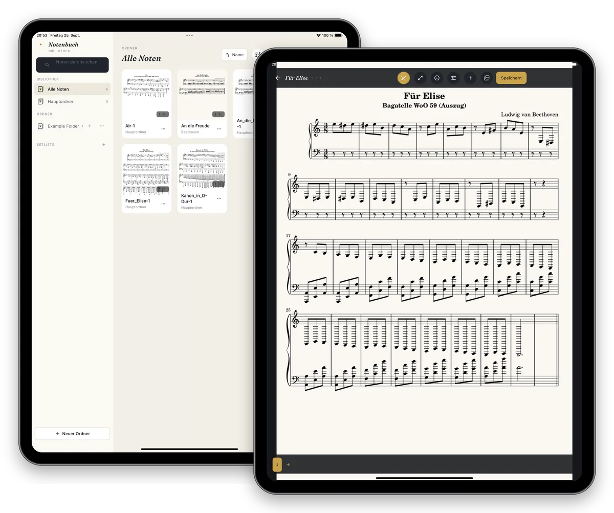 Notenbuch auf dem iPad: Notenansicht von „Für Elise“ im dunklen Design, dahinter die Bibliothek im hellen Design