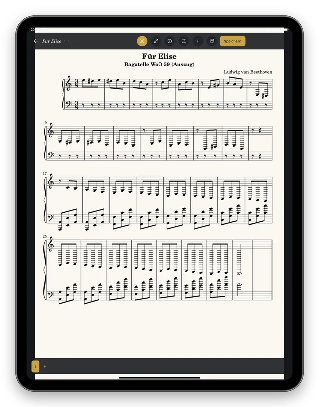 Notenansicht mit einer ganzen Seite „Für Elise“