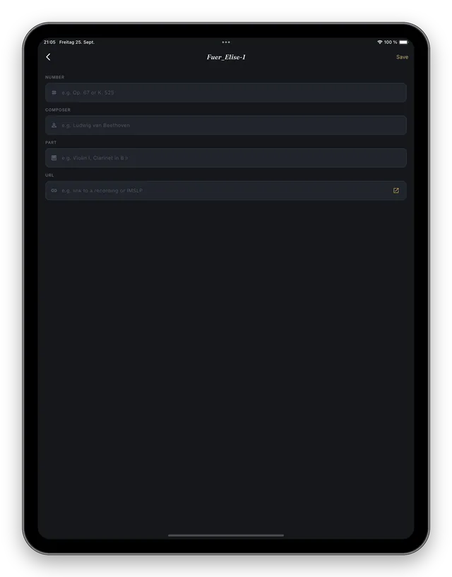 Score details with fields for number, composer, part and URL