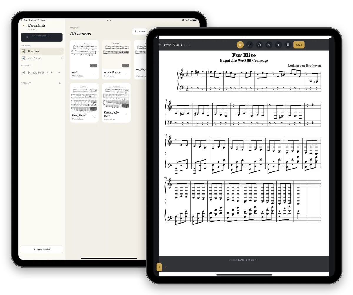 Notenbuch on iPad: score view of “Für Elise” in dark mode, the library in light mode behind it