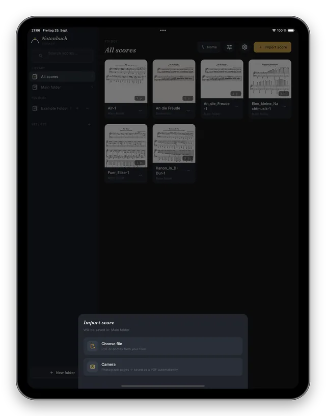 “Import score” dialog with file and camera options