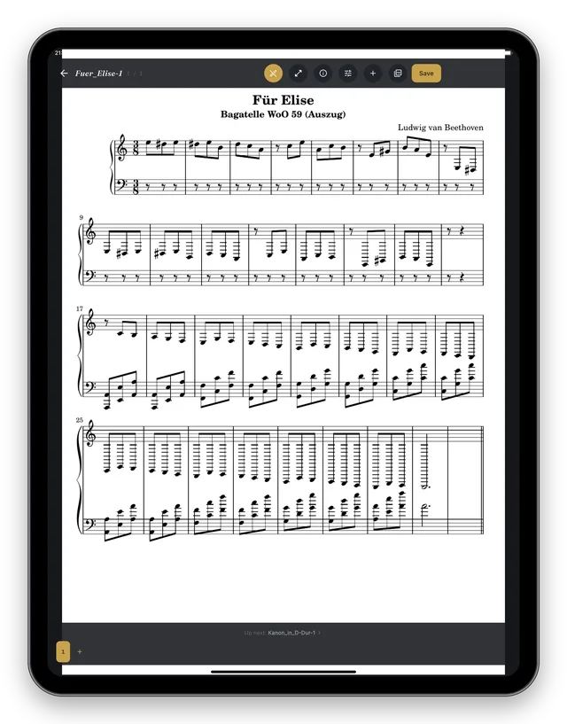 Score view showing a full page of “Für Elise”