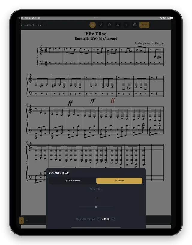 Tuner with reference pitch 442 Hz
